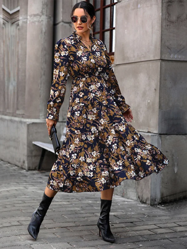 Women's new V-neck waist long-sleeved printed dress Stylish unclassified dresses