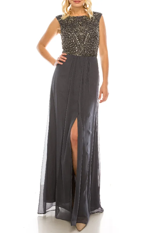 Aidan Mattox Gunmetal Beaded Long A-line Eveniing Dress Luxury unclassified dresses