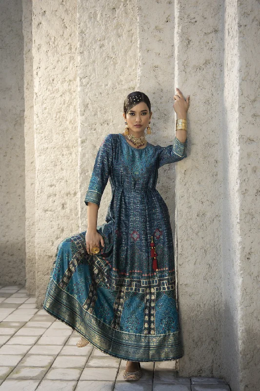 Juniper Teal Satin Festive Printed Anarkali Flared Anarkali Kurta For Women One-shoulder unclassified dresses