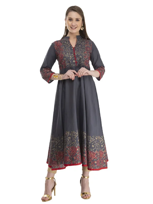 NOZ2TOZ Women's Grey and Red Cotton Anarkali with Ajrakh Hand Block Print Earthy tone unclassified dresses NOZ2TOZ Women's Grey and Red Cotton Anarkali with Ajrakh Hand Block Print Earthy tone unclassified dresses