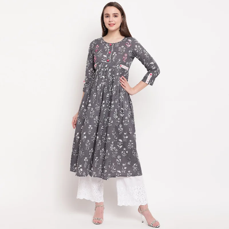 NOZ2TOZ Women Grey Anarkali Cotton Kurta (1Pc) Long sleeve unclassified dresses