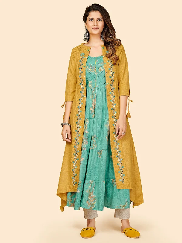 NOZ2TOZ Women Mustard Yellow Anarkali Kurta With Shrug (2pcs Set) Vintage unclassified dresses