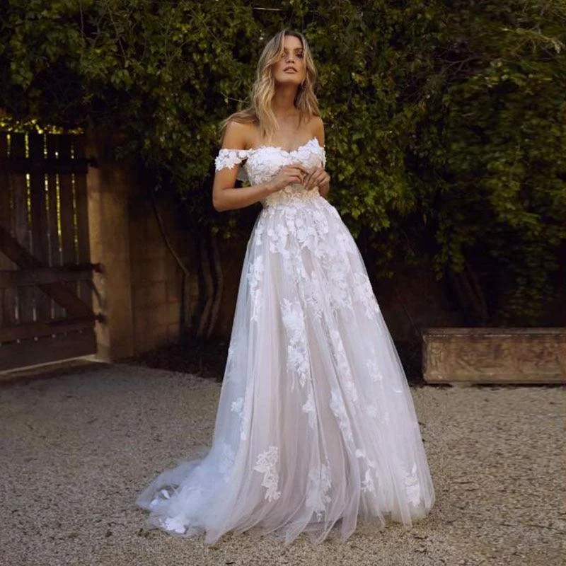 Off the Shoulder Appliques A Line Lace Wedding Dresses Sequin unclassified dresses