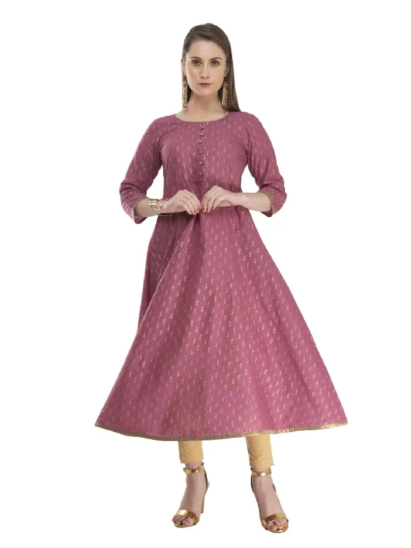 NOZ2TOZ Women's Mauve Cotton Anarkali with Overall Ajrakh Hand Block Print Beaded unclassified dresses NOZ2TOZ Women's Mauve Cotton Anarkali with Overall Ajrakh Hand Block Print Beaded unclassified dresses