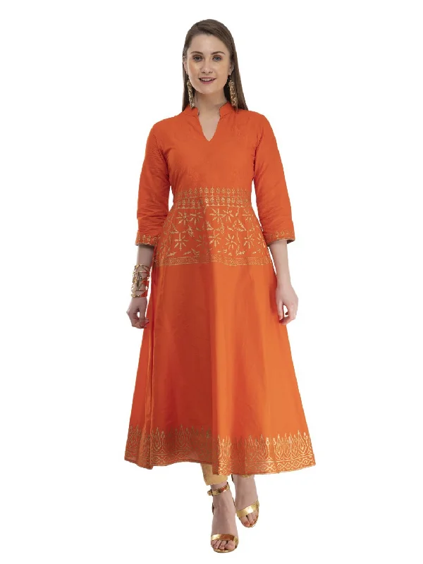 NOZ2TOZ Women's Subtle Orange Ajrakh Hand Block Cotton Anarkali with Turquoise Print Stretchy unclassified dresses NOZ2TOZ Women's Subtle Orange Ajrakh Hand Block Cotton Anarkali with Turquoise Print Stretchy unclassified dresses