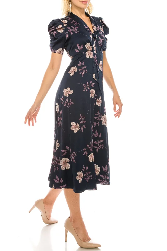 Maggy London Navy Lavender Floral Printed Satin Midi Dress Striped unclassified dresses