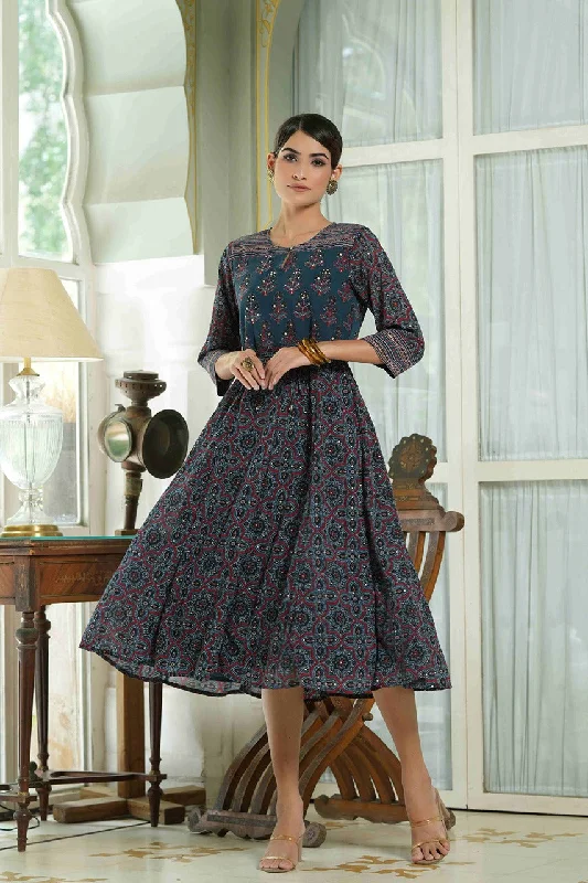 Juniper Indigo Georgette Festive Printed Anarkali Flared Anarkali Kurta For Women Open-back unclassified dresses