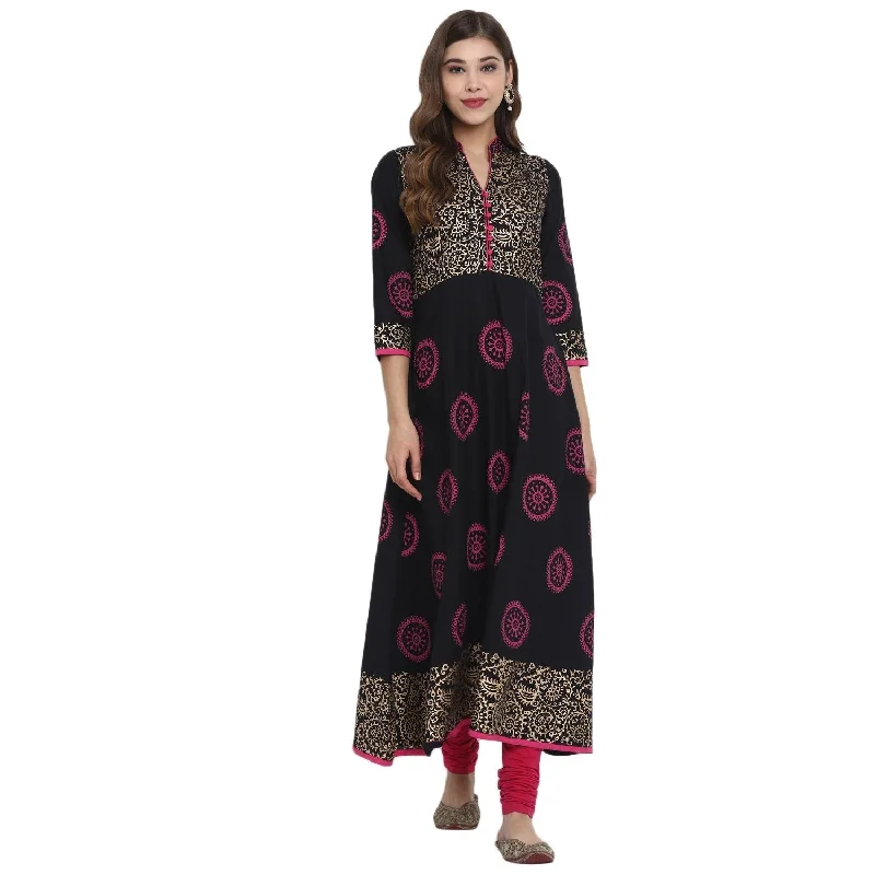 NOZ2TOZ Women's Black Cotton Printed Anarkali Kurti With Block Print (1 Pc) Vacation unclassified dresses NOZ2TOZ Women's Black Cotton Printed Anarkali Kurti With Block Print (1 Pc) Vacation unclassified dresses