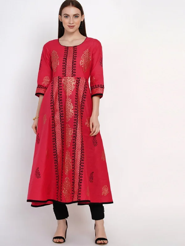 NOZ2TOZ Women's Coral Red Festive Ajrakh Hand Block Cotton Printed Anarkali High-low unclassified dresses NOZ2TOZ Women's Coral Red Festive Ajrakh Hand Block Cotton Printed Anarkali High-low unclassified dresses