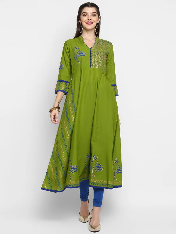 Wahe-NOOR Women's Green Cotton Printed Anarkali Kurti With Block Print Graduation unclassified dresses