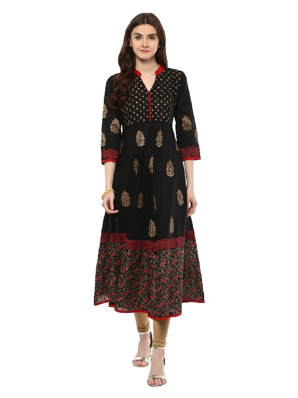 NOZ2TOZ Women's Traditional Black Cotton Printed Anarkali with Ajrakh Hand Block Print Formal unclassified dresses