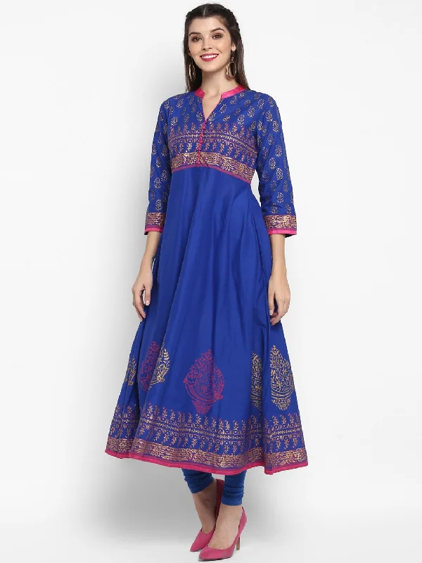 NOZ2TOZ Women's Blue Cotton Printed Anarkali Kurti With Block Print (1 Pc) Dark color unclassified dresses NOZ2TOZ Women's Blue Cotton Printed Anarkali Kurti With Block Print (1 Pc) Dark color unclassified dresses