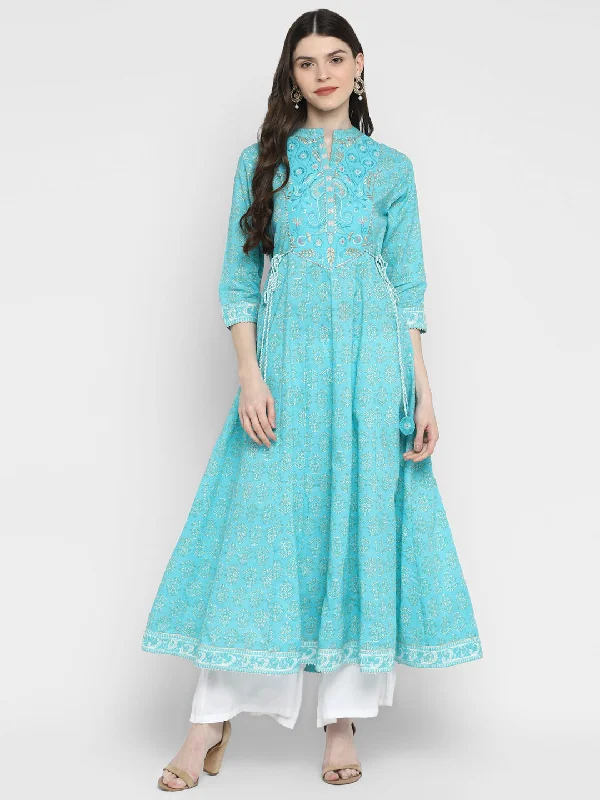NOZ2TOZ Women Sky Blue Anarkali Cotton Kurta (1pc) Bright color unclassified dresses