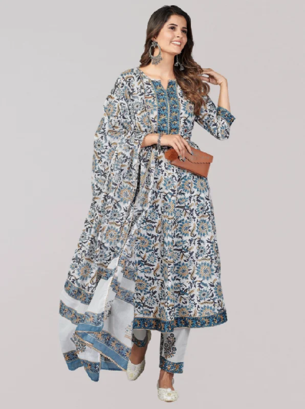 NOZ2TOZ Women Blue Anarkali Cotton Kurta With Pant & Dupatta (3Pcs Set) Bold pattern unclassified dresses