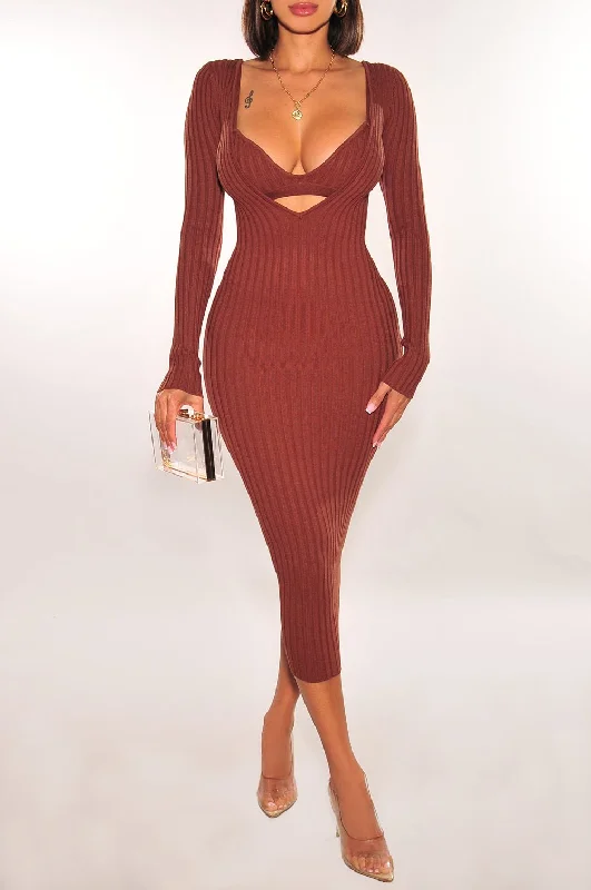 Chocolate Ribbed Knit Plunge Neck Long Sleeve Midi Dress + Bralette Spring unclassified dresses