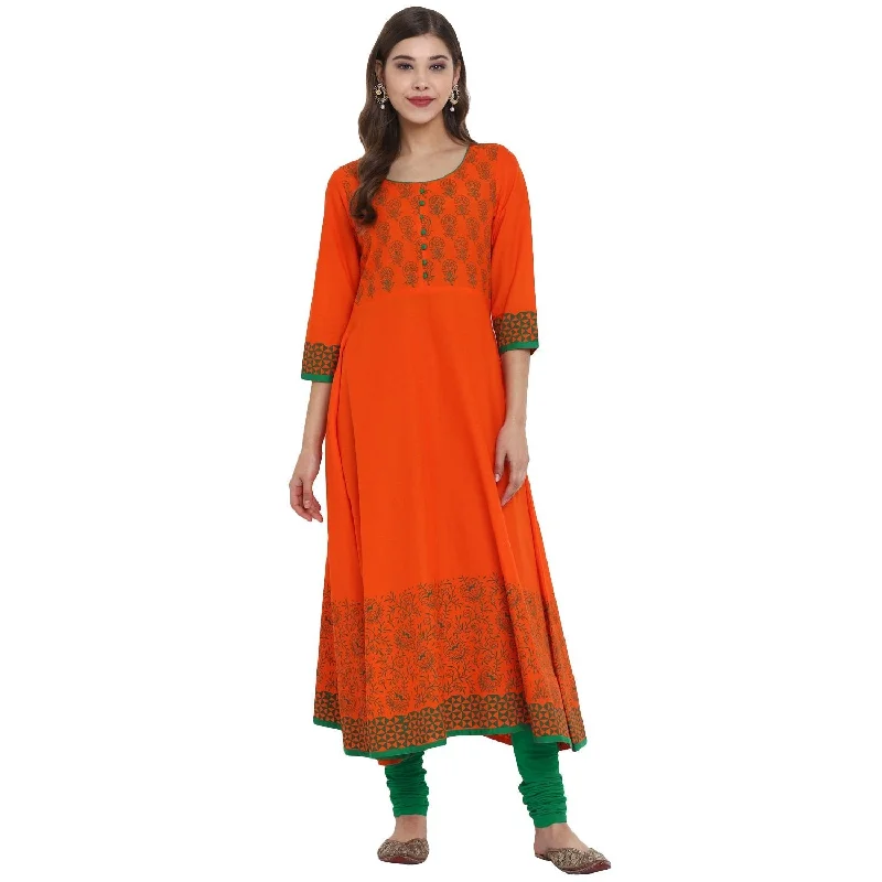 NOZ2TOZ Women's Orange & Green Cotton Printed Anarkali Kurti With Block Print (1 Pc) Anniversary unclassified dresses NOZ2TOZ Women's Orange & Green Cotton Printed Anarkali Kurti With Block Print (1 Pc) Anniversary unclassified dresses