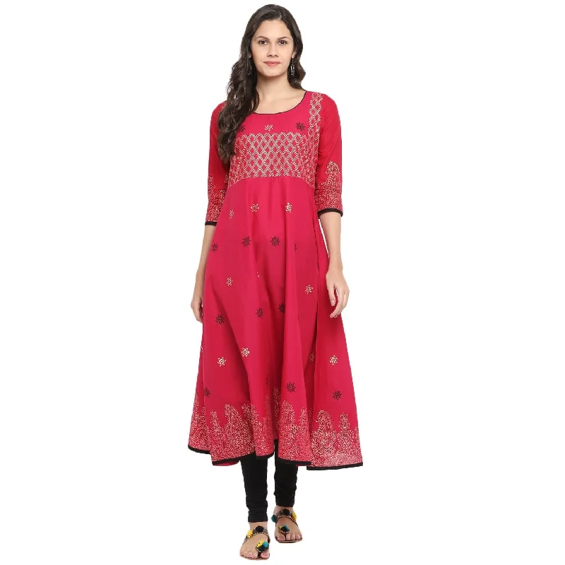 NOZ2TOZ Women's Pink Cotton Printed Anarkali Kurti With Block Print (1 Pc) Fall unclassified dresses NOZ2TOZ Women's Pink Cotton Printed Anarkali Kurti With Block Print (1 Pc) Fall unclassified dresses