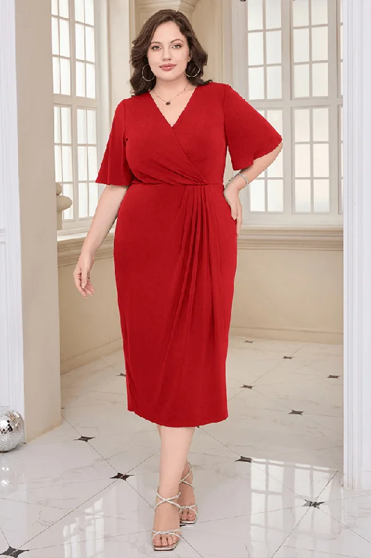 HN Wrap Casual Short Sleeve V-Neck Straight Midi Dress Office unclassified dresses