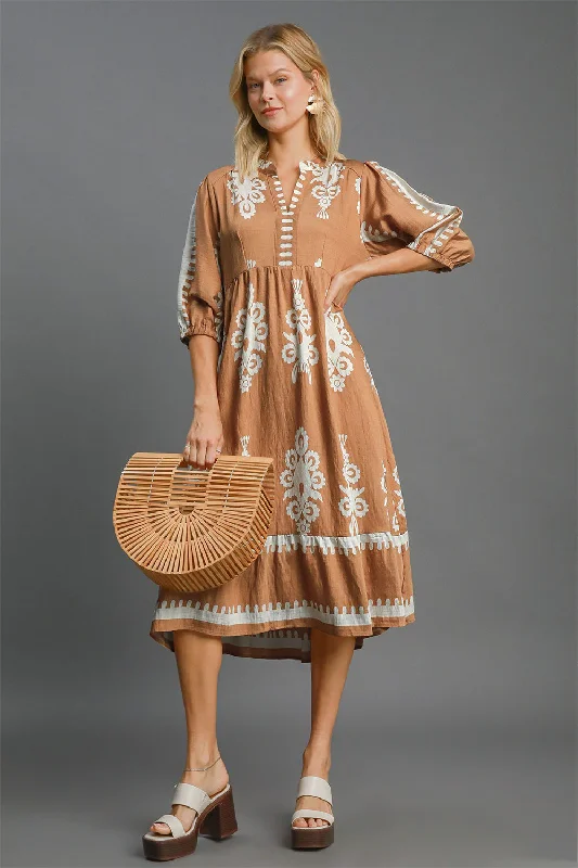 Umgee Printed Notched Midi Dress (S-2XL) Tulle unclassified dresses