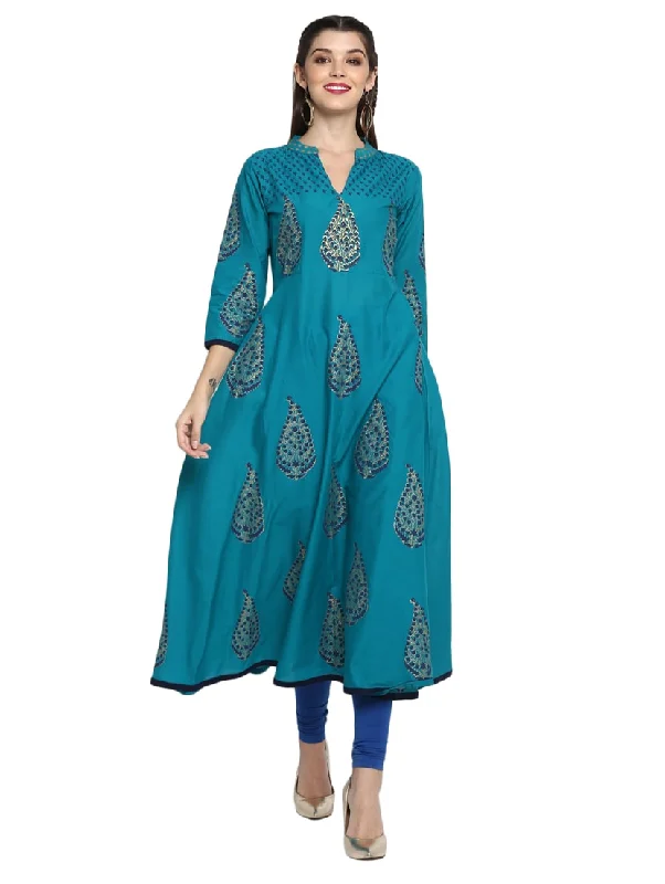 Wahe-NOOR Women's Blue Block Print Anarkali Kurta Striped unclassified dresses