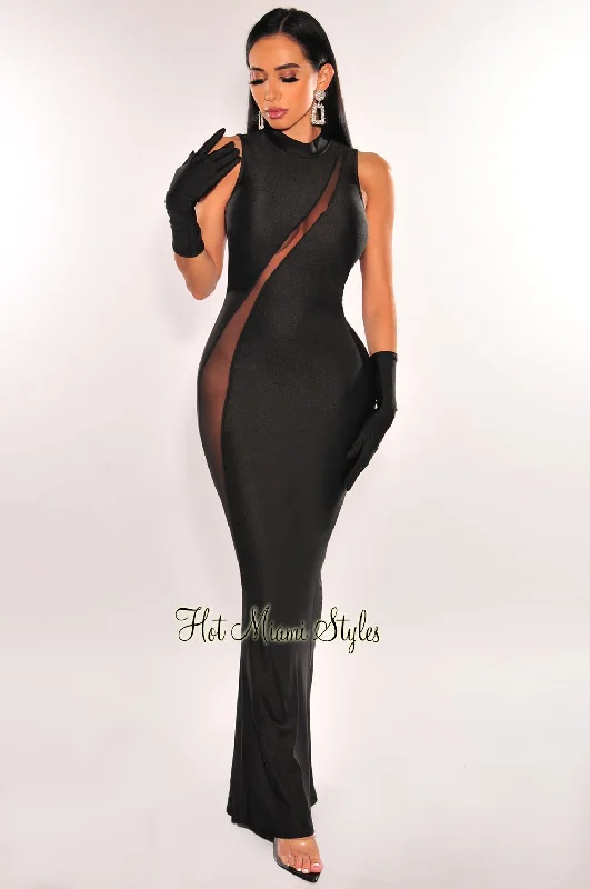 Black Mesh Sleeveless Mock Neck Mermaid Gown + Gloves Vintage unclassified dresses