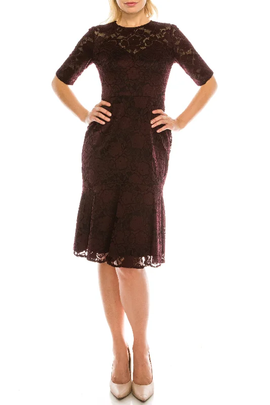 Maggy London Burgundy Lace Sheath Dress with Ruffled Hem Engagement unclassified dresses
