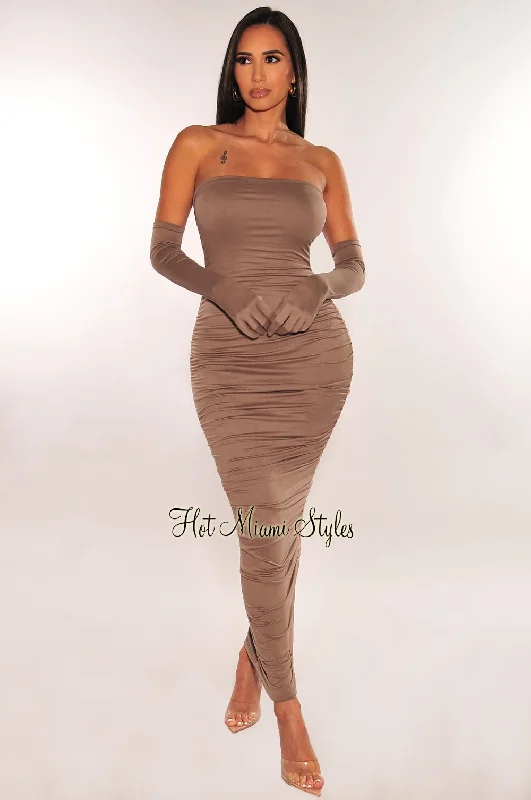 Taupe Strapless Scrunch Butt Midi Dress + Gloves Metallic unclassified dresses