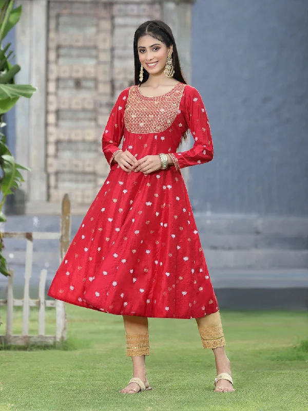 Juniper Women Red Rayon Festive Foil Printed Anarkali Flared Anarkali Kurta Cotton unclassified dresses