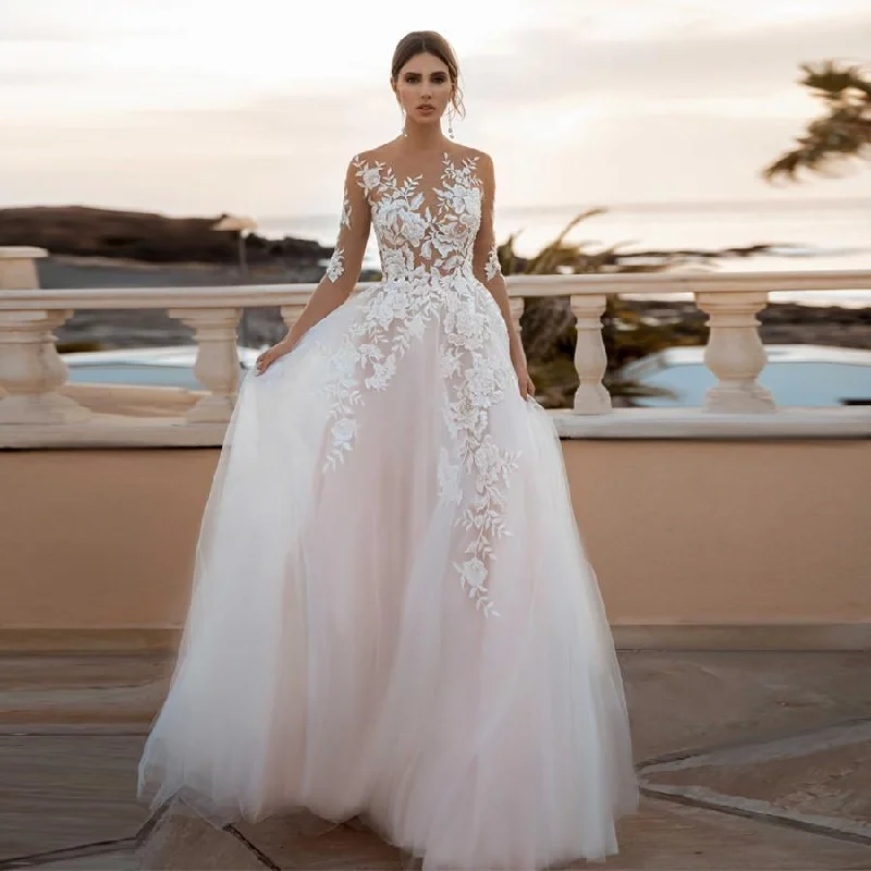 Sheer 3/4 Sleeves Floral Applique Blush Wedding Dress Elegant evening unclassified dresses