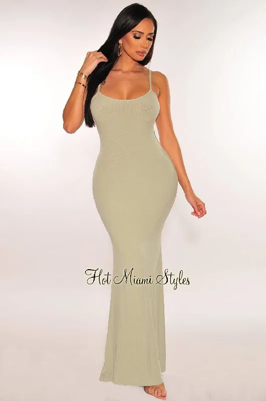 Sage Ribbed Spaghetti Strap Mermaid Dress Elegant evening unclassified dresses