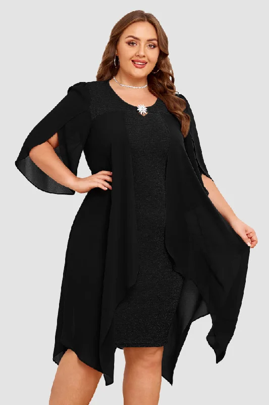 HN Women Plus Size Faux Twinset Dress 1/2 Petal Sleeve Crew Neck Bodycon Dress Gothic unclassified dresses