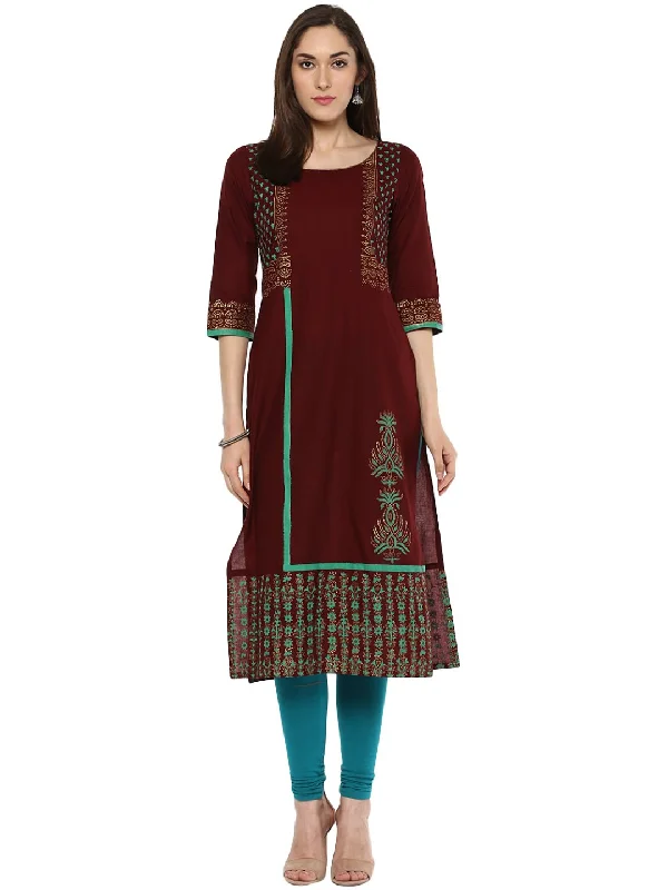 NOZ2TOZ Women's Maroon and Mint Green Ajrakh Hand Block Cotton Printed Anarkali Knitted unclassified dresses