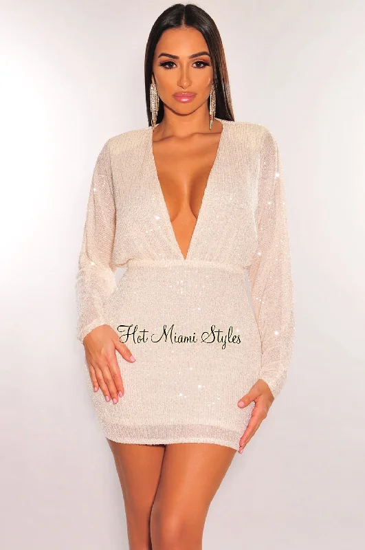 Cream Sequins Plunge V Neck Long Sleeve Mini Dress Elegant unclassified dresses