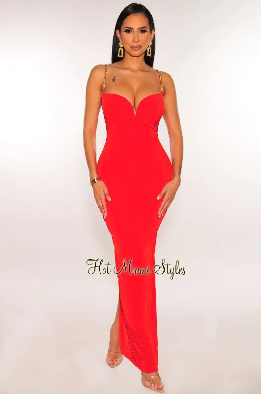 Red Shimmery Gold Chain Straps V Wired Back Slit Dress Open-back unclassified dresses