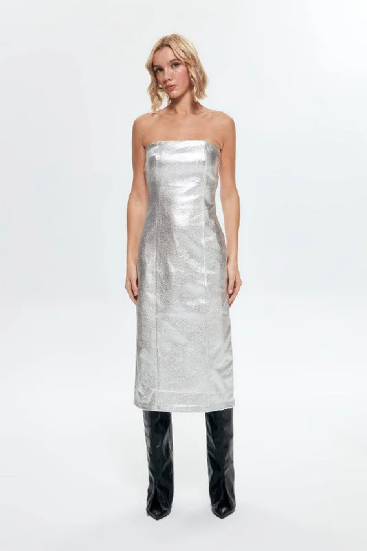Metallic Strapless Midi Bodycon Denim Dress - Silver Street style unclassified dresses