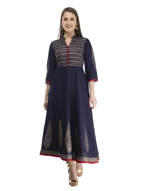 NOZ2TOZ Women's Navy Blue Cotton Anarkali with Ajrakh Hand Block Print Chiffon unclassified dresses