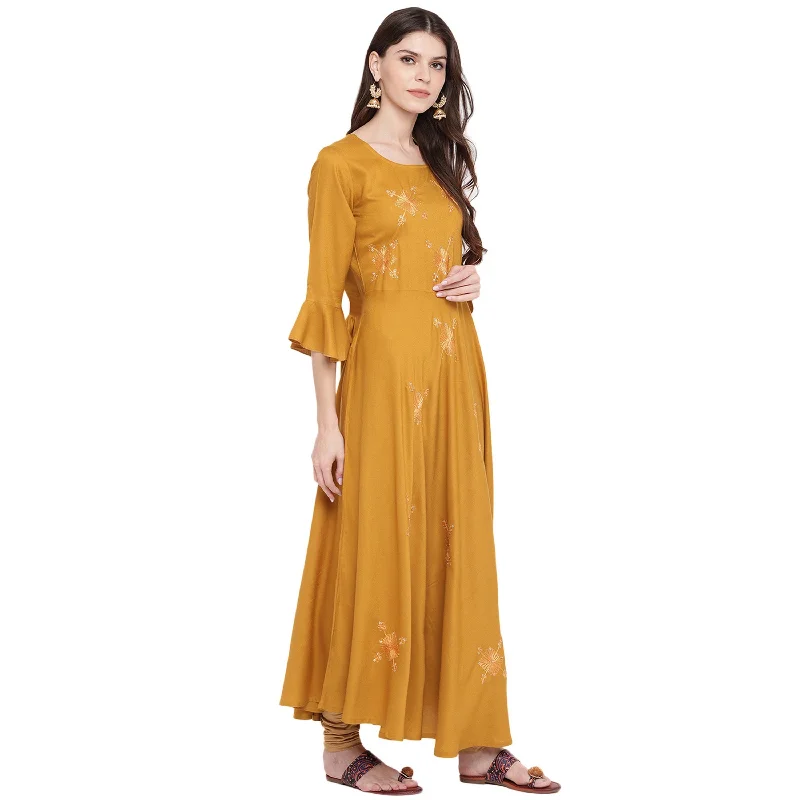 NOZ2TOZ Women Mustard Yellow Anarkali Rayon Kurta (1pc) Tiered unclassified dresses