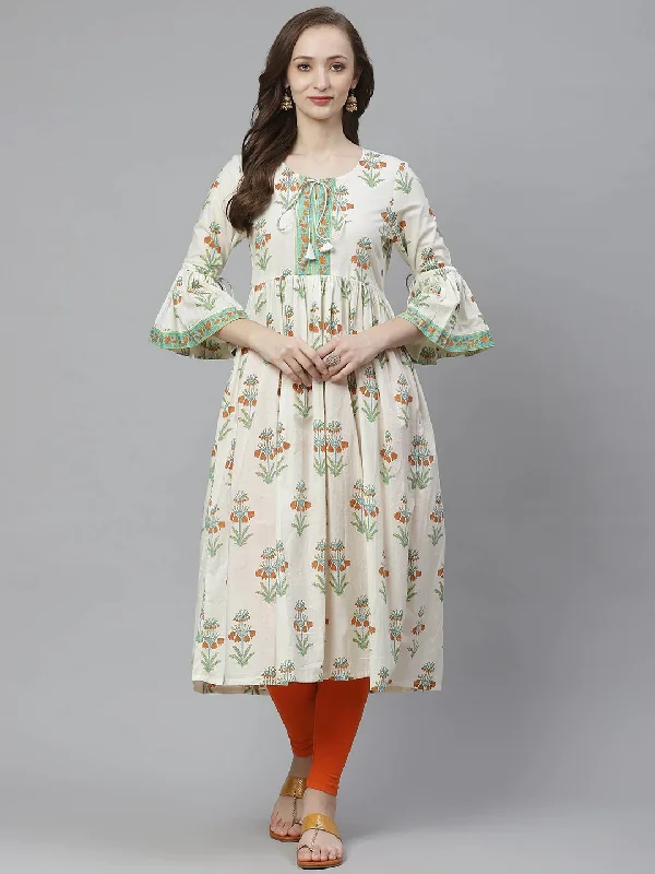 Wahe-NOOR Women's White & Green Floral Print Anarkali Kurta Cocktail unclassified dresses